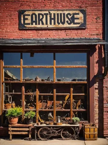 Earthwise, architectural salvage store, Kenmore, industrial-chic exterior, reclaimed wood accents, metal roofing, vintage windows, worn brick walls, urban setting, afternoon sun casting long shadows, 