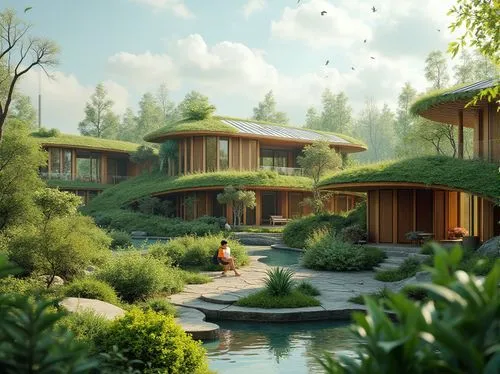 forest house,ecovillages,house in the forest,ecovillage,ecotopia,3d rendering,treehouses,streamwood,home landscape,render,greenforest,renderings,floating huts,green living,landscaped,mid century house,beautiful home,grass roof,meadowcroft,green forest,Photography,General,Realistic