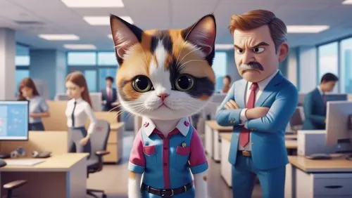 可愛的三花貓在公司被老闆罵,the image shows a man standing next to a cat,cartoon cat,mascotech,kimbundu,blur office background,vix,cattery,Photography,General,Realistic