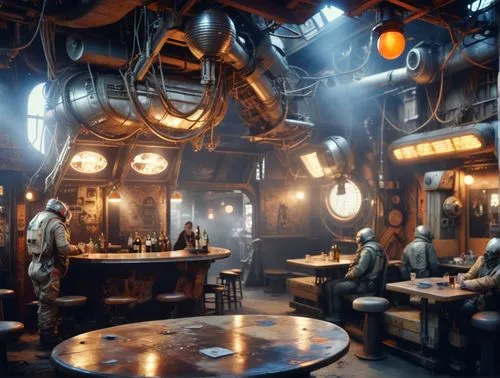 realistic dusty dingey grimey retro post futurism industrial scifi bar, atmospheric volumetric light ,tavern,retro diner,diner,drinking establishment,wine tavern,the coffee shop,apothecary,sci fi surg