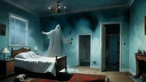 crewdson,blue room,ghostley,the little girl's room,bedchamber,sleeping room,Conceptual Art,Fantasy,Fantasy 29