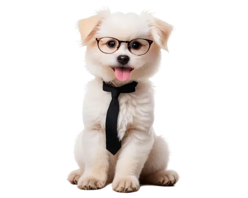 Cute dog, puppy, wearing glasses, white fur, black nose, pink tongue, sitting pose, front legs crossed, paws together, cute facial expression, detailed eyes, shiny glasses lens, brown frame, soft focu