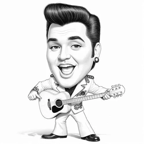 pencil drawing style  Julius Leblanc Stewart Caricature style drawing of a celebrity, big head, small body, exaggerated facial expressions. A 3D animated character resembling Elvis Presley, wearing a 