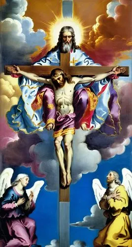 Painting, Jesus Christ on the Cross, God the Father: old man in colorful vestments holds the cross, white hair, clouds, by guido reni, magnificent, majestic, glory, adoring kneeling angels at the base