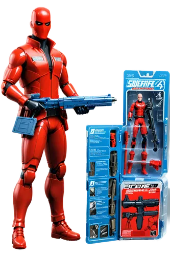 Bald Action Hero Toy wearing a Red Coat, Holding A Plastic weapon, G.I. Joe Toy figure, Labels reading "Open Fire", Red and White color scheme, Extreme detail, 8K resolution, High Quality, Toy package