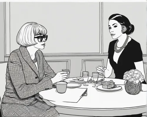 women at cafe,coffee tea illustration,business women,twenties women,businesswomen,woman at cafe,parisian coffee,afternoon tea,hipsters,high tea,breakfast at tiffany's,conversation,retro women,the coffee shop,tearoom,coffee tea drawing,woman drinking coffee,book illustration,paris cafe,50's style,Illustration,Vector,Vector 10