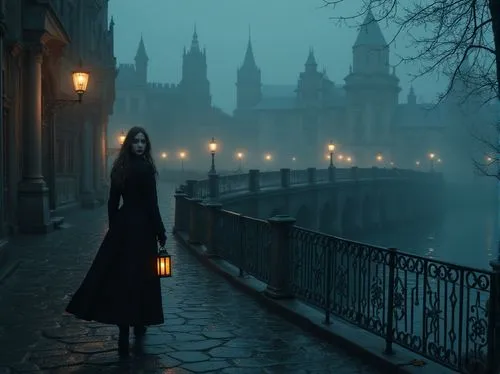 gothic woman,gaslight,dark gothic mood,gothic,charles bridge,evening atmosphere,black coat,woman silhouette,gothic style,grimshaw,nightfall,nocturne,light of night,cloaked,lamplight,westminster,prague,before dawn,before the dawn,arno,Photography,General,Realistic