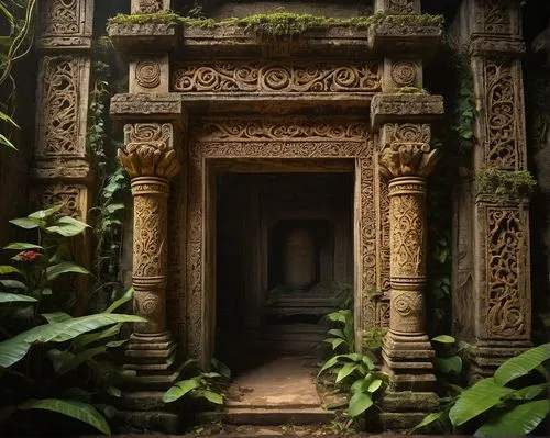 Ancient coral cast, intricate architectural stone, ornate carvings, golden beige color, weathered texture, worn edges, mysterious ancient ruins, abandoned temple, dense jungle surroundings, vines craw