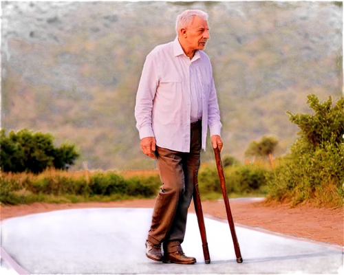 Elderly man, walking alone, sunset background, warm lighting, gentle facial expression, wrinkled skin, grey hair, worn-out shoes, holding wooden cane, simple white shirt, brown pants, scenic road stre