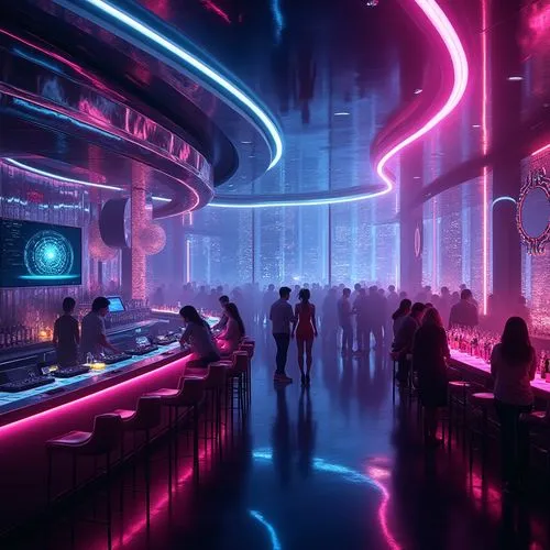 Neon-lit nightclub, futuristic streamline design, metallic silver walls, glossy black floors, LED strip lights, curved lines, minimalist decor, luxurious VIP area, DJ booth, spinning turntables, flash