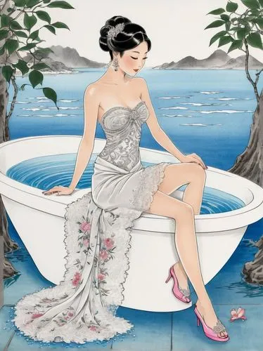 the girl in the bathtub,amphitrite,bathtub,cheongsam,bathing shoe,bathing,Illustration,Paper based,Paper Based 30