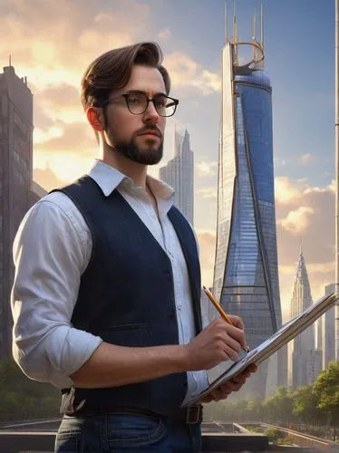 Male architect, 30s, bespectacled, short brown hair, beard, white shirt, black vest, dark blue jeans, holding pencil, standing, in front of skyscraper blueprint, modern cityscape background, glass and