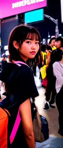 backpacker,travel woman,girl wearing hat,photographic background,japanese woman,backpack,asia girl,girl in a long,girl walking away,fashionable girl,a girl with a camera,shibuya,japanese background,time square,background bokeh,the girl's face,anime 3d,touristic,tourist,japanese idol,Photography,Documentary Photography,Documentary Photography 34