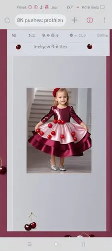 3d fashion drawing of satin dress for kids with sequin on the blouse with three layers with burgundy . first layer is light pink with cherries drawn on it. And sequin silver lines second layer is burg