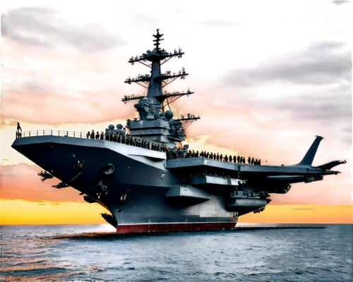 Aircraft carrier, massive ship, steel structure, gray and white camouflage, helipad, radar system, missile launchers, F-16 fighter jets, sailors in uniform, American flag, sunset at sea, dramatic clou