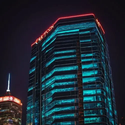 Modern skyscraper, cac.com logo, sleek glass façade, silver metallic frame, cityscape, downtown area, busy streets, blurred car lights, night scene, neon signs, vibrant colors, soft focus, shallow dep