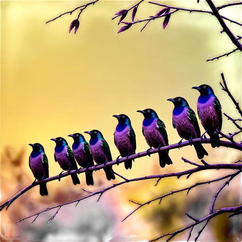 starling, flock, multiple birds, iridescent feathers, greenish-purple sheen, slender bodies, pointed wings, black beaks, inquisitive eyes, perched on branches, morning sunlight, soft focus, warm color