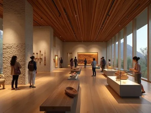 Plateau-inspired museum interior, natural stone walls, wooden floors, earthy tones, minimalistic exhibits, glass display cases, subtle LED lighting, abstract sculptures, tribal patterned textiles, wov