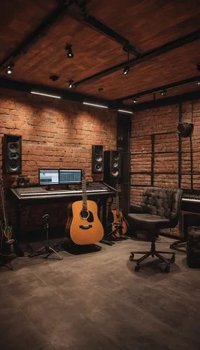 Recording studio interior, modern industrial style, wooden acoustic panels, soundproofing materials, mixing console, professional audio equipment, microphone stands, comfortable seating area, dimmable