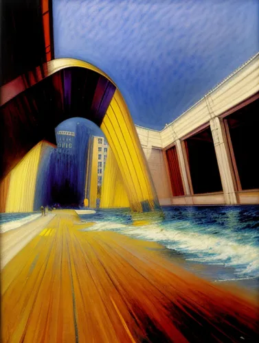 underpass,canal tunnel,cahill expressway,moving walkway,skyway,spit bridge,overpass,bridge piers,samuel beckett bridge,rainbow bridge,under the bridge,highway bridge,passerelle,bridge,swing bridge,drawbridge,virtual landscape,harbour bridge,footbridge,ferryboat,Calligraphy,Painting,Surrealism