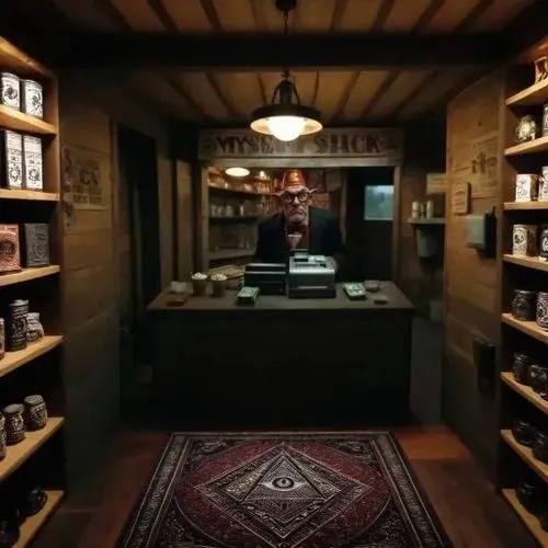 illuminati rug,a small room with a large rug and shelves,apothecary,humidor,brandy shop,general store,soap shop,tobacconist