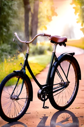 Vintage bicycle, old-fashioned design, curved frame, rusty chain, worn-out seat, wooden wheels, metal pedals, morning dew, soft sunlight, 3/4 composition, shallow depth of field, warm color tone, cine