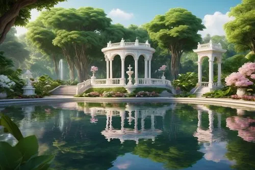 water palace,lilly pond,secret garden of venus,artemis temple,gazebo,rosarium,fountain pond,rivendell,white temple,jardiniere,garden of eden,lily pond,marble palace,gardens,garden of the fountain,imperial shores,oasis,arcadia,garden pond,bougainvilleans,Illustration,Realistic Fantasy,Realistic Fantasy 23