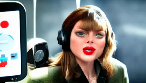 woman in green with headphones holding up a computer screen,videophone,woman holding a smartphone,music on your smartphone,alphabeat,telephone,speakerphone,Photography,General,Natural