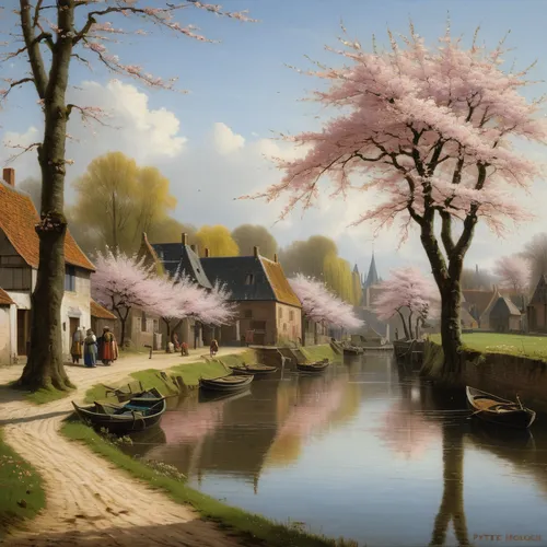 dutch landscape,netherlands,holland,the netherlands,dongfang meiren,flemish,groenendael,spring morning,edam,north holland,spring blossoms,spring blossom,kirch blossoms,carl svante hallbeck,groseillier,dutch,moret-sur-loing,canals,still life of spring,early spring,Art,Classical Oil Painting,Classical Oil Painting 41