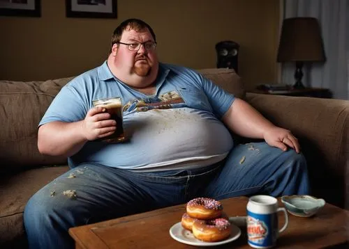 Peter Griffin, obese man, lazy posture, stained white shirt, ripped blue jeans, sloppy sneakers, messy brown hair, thick beard, beer belly, sitting on a worn-out couch, dirty living room, TV remote in