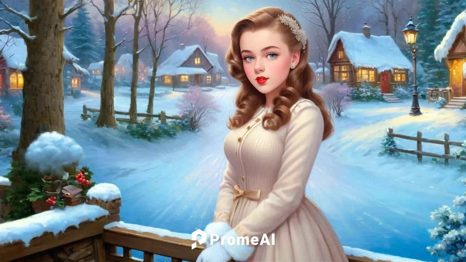 Romantic masterpiece oil painting, cute girl portrait, nostalgic 1950's style kitsch, traditional woman, tradwife, beautiful Winter wonderland, snowy landscape, Christmas village scenery, by Thomas Ki