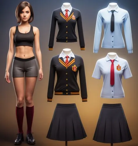 Paper doll Hogwarts 16 year old schoolgirl in black sleeveless shirt ,black tight fit spandex shorts with black sock and black shoe standing surrounded by with a set of Hogwarts Gryffindor school unif