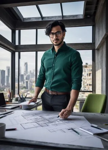 Modern architecture design studio, interior designer, male, 35yo, bespectacled, black hair, casual wear, holding scale model, standing, brainstorming, concept development, schematic design, design dev