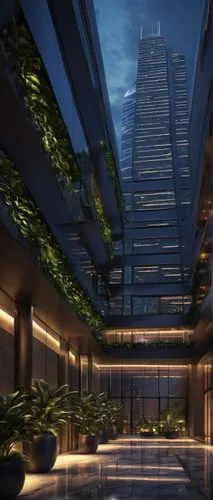 Modern futuristic skyscraper, sleek metal exterior, glass windows, LED lights, rooftop garden, luxurious interior design, spacious lobby, marble floor, grand staircase, minimalist decor, urban citysca