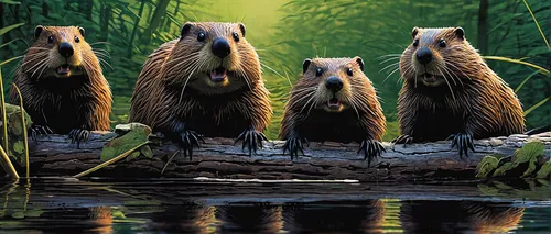 Write a suspenseful tale about a group of beavers facing a dangerous predator.,beavers,nutria,otters,nutria-young,grizzlies,coypu,horsetail family,beaver,capybara,hogs,muskrat,anthropomorphized animal