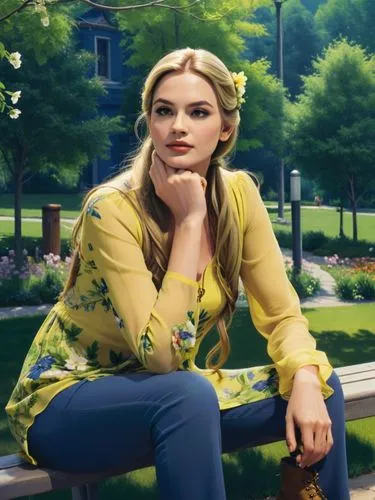 A beautiful woman with long brown hair sits on a bench in a park, surrounded by blooming flowers and birds. She wears a flowing yellow dress and a pair of matching boots. One of the leaves rustles in 