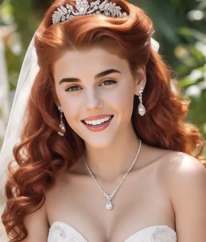 Beautiful redhead busty bride, smiling in a white dress at her luxurious wedding. Outdoor, sunshine, tropical. Photorealistic. complete delicate facial makeup, red lipstick, long wavy hair, diamon tia