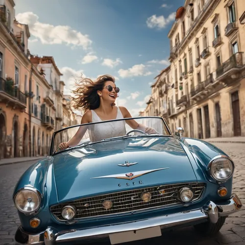 a woman drives a classic car, she looks very happy. The car flew over the sky and under many buildings.,sunbeam tiger,sunbeam alpine,fiat 124 sport spider,honda s600,austin-healey sprite,triumph tr4a,