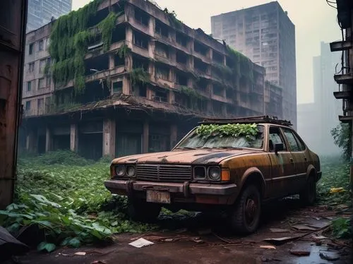 post apocalyptic,abandoned car,post-apocalyptic landscape,scampia,urban landscape,abandoned places,postapocalyptic,derelict,kowloon city,planted car,old abandoned car,overgrowth,lost place,abandoned,car cemetery,fordlandia,luxury decay,hashima,kurilsk,lostplace,Art,Classical Oil Painting,Classical Oil Painting 22