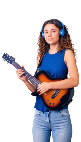 Young girl, musician, solo, (20yo), headphones, curly brown hair, casual clothes, guitar, musical notes, microphone, recording studio, warm lighting, 3/4 composition, shallow depth of field, vibrant c