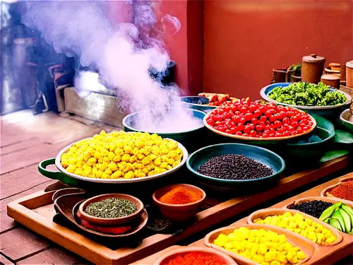 Mexican traditional sandals, food stall, vibrant colors, worn wooden counter, fresh fruits, vegetables, nuts, spices, woven baskets, clay pots, steam rising from hot dishes, savory aromas, morning lig