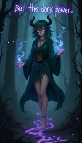 An evil girl walks with purple magic dripping from her fingers into glowing purple puddles below.,a woman with horns and eyes standing in the middle of a forest,strix,moonstuck,forest dark,darkazanli,