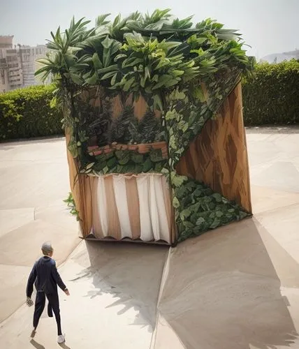 photographic event booth with courtain in front, walls covered by plants, pants in roof and pinus panel in sides,pop up gazebo,insect house,garden shed,eco-construction,bushbox,roof garden,greenhouse 