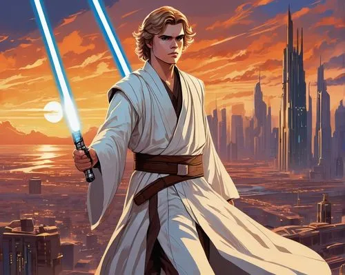 Anakin Skywalker, young adult, Jedi Knight, masculine, strong facial features, short blonde hair, blue eyes, scar above left eyebrow, white Jedi robe, brown utility belt, lightsaber hilt at hip, confi