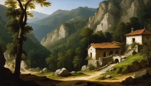 mountain scene,mountain settlement,mountain landscape,house in mountains,mountain village,church painting,mountainous landscape,rural landscape,house in the mountains,home landscape,monastery,alpine village,landscape,landscape background,high landscape,small landscape,karst landscape,valley,meteora,mountain huts,Art,Classical Oil Painting,Classical Oil Painting 26