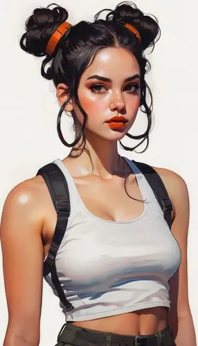 Portrait of a young woman with dark hair in space buns. Large dark eyes, full orange-red lips, warm skin tone with flushed cheeks. White tank top straps visible. Neutral beige background. Digital pain