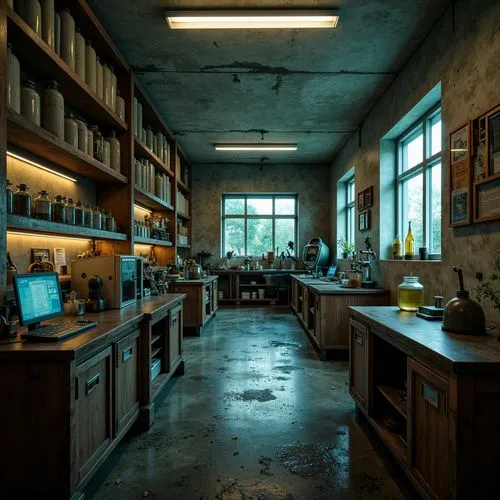 Mysterious abandoned laboratory, eerie atmospheric lighting, worn concrete walls, rusted metal equipment, old wooden cabinets, dusty glass jars, vintage scientific instruments, dimly lit corridors, my