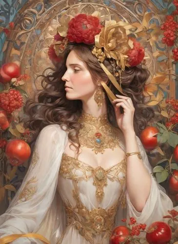 A surreal and mesmerizing painting by Alphonse Mucha, reflecting the influence of Qajar art, depicting an enigmatic woman with two luxurious cones of curled hair on the sides of her head, above her te