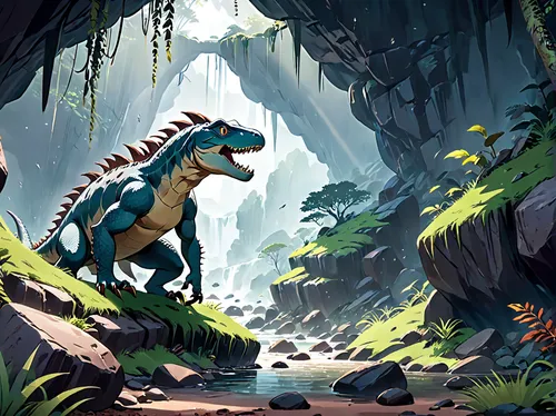 forest dragon,dino,prehistoric,dinosaur,game illustration,jurassic,dinosaruio,raptor,kokopelli,tyrannosaurus,landmannahellir,cynorhodon,rubber dinosaur,trex,giant lizard,dinosaurs,adventurer,tirannosaurus,iguanidae,wander,Anime,Anime,Realistic