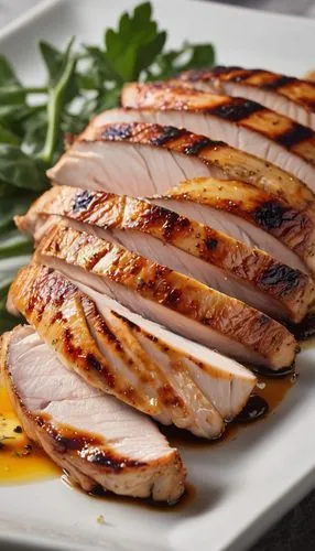 A close-up of a well-cooked, lean meat dish, such as grilled chicken breast or turkey slices, arranged attractively on a plate. The meat should look tender and appetizing, with subtle steam rising fro